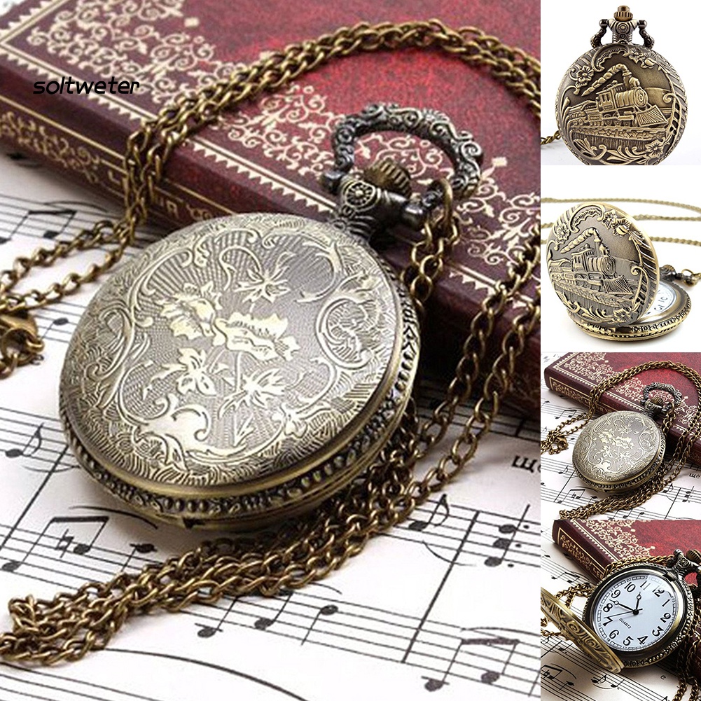 Đồng Hồ Bỏ Túi Bằng Đồng Thau Họa Tiết Tàu Lửa Cổ Điển Có Dây Đeo Dạng Xích