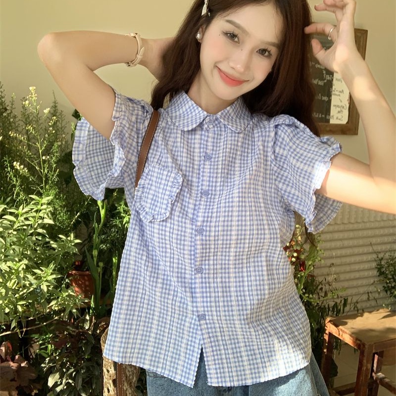 Áo Sơ Mi Ngắn Tay Họa Tiết Ca Rô Thời Trang Mùa Hè Mới Cho Nữ