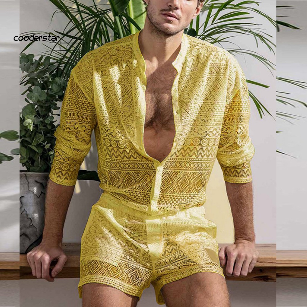 1 Bộ Áo Ren Lưới Xuyên Thấu Màu Trơn Phối Quần Short Thời Trang Mùa Thu Sang Trọng Cho Nam