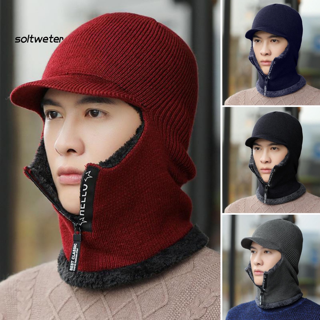 Mũ Giữ Nhiệt Dệt Kim Lót Lông Cừu Màu Trơn Bảo Vệ Cổ 2 Trong 1 Có Khóa Kéo Cho Nam