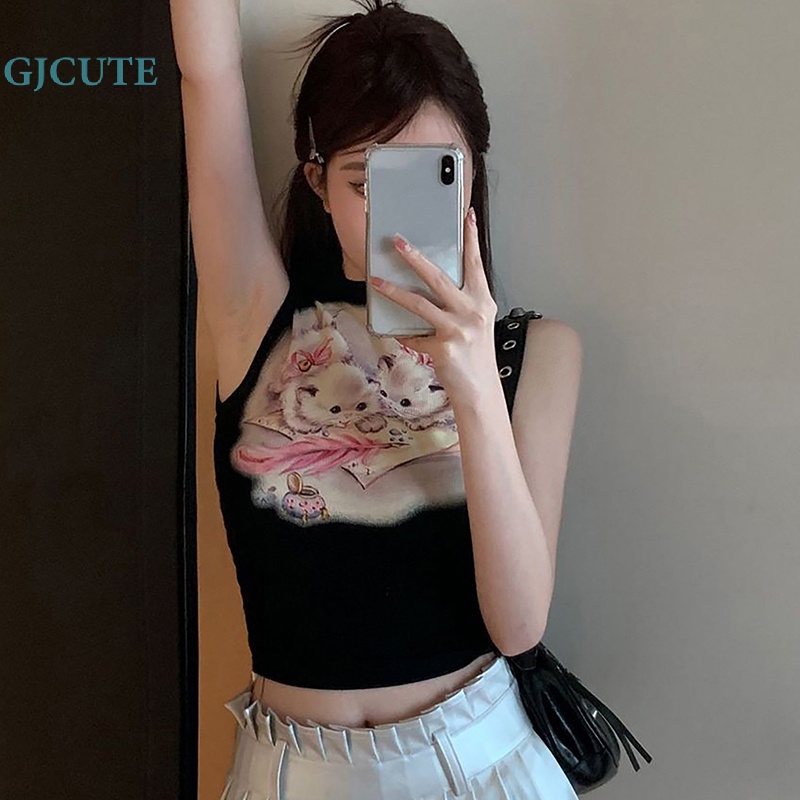 Áo Thun Không Tay Cổ Lọ In Hình Mèo Dễ Thương Dành Cho Nữ