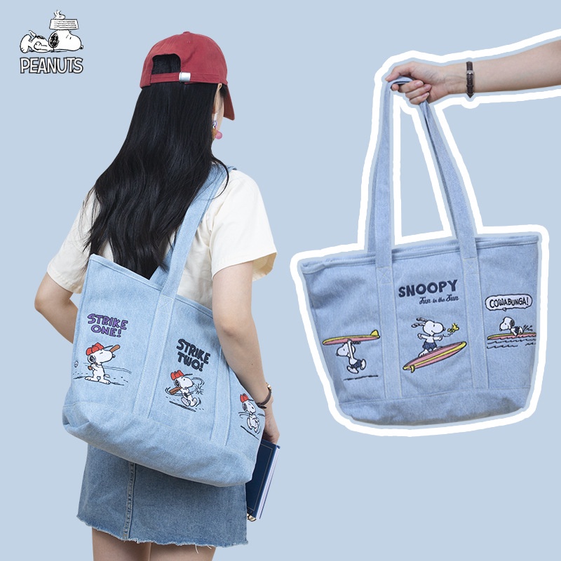 Túi Xách Denim Cỡ Lớn In Họa Tiết Snoopy Dễ Phối Đồ Thời Trang Cho Nữ