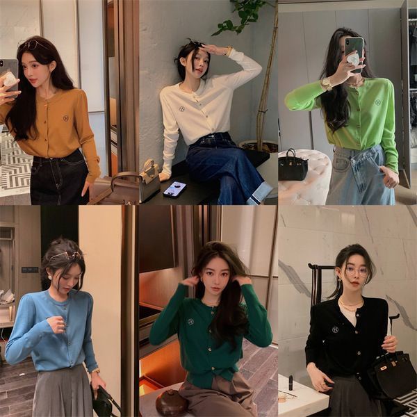 Áo Khoác Cardigan Dệt Kim Mỏng Tay Dài Màu Đen Thêu Chữ Thời Trang Cho Nữ