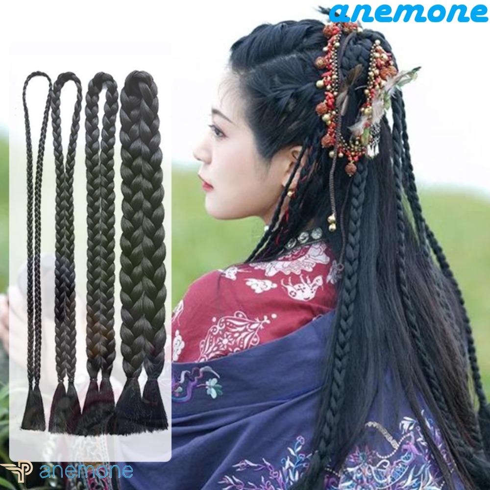 ANEMONE Bím Tóc Giả Dài Bện Bằng Sợi Tổng Hợp Màu Đen Tự Nhiên Phong Cách Cổ Điển