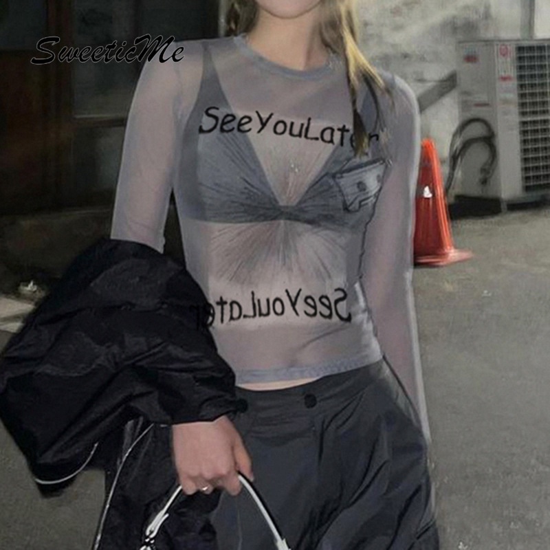 Áo Croptop Tay Dài Cổ Tròn Phối Lưới Xuyên Thấu In Chữ Thời Trang 2023 Cho Nữ