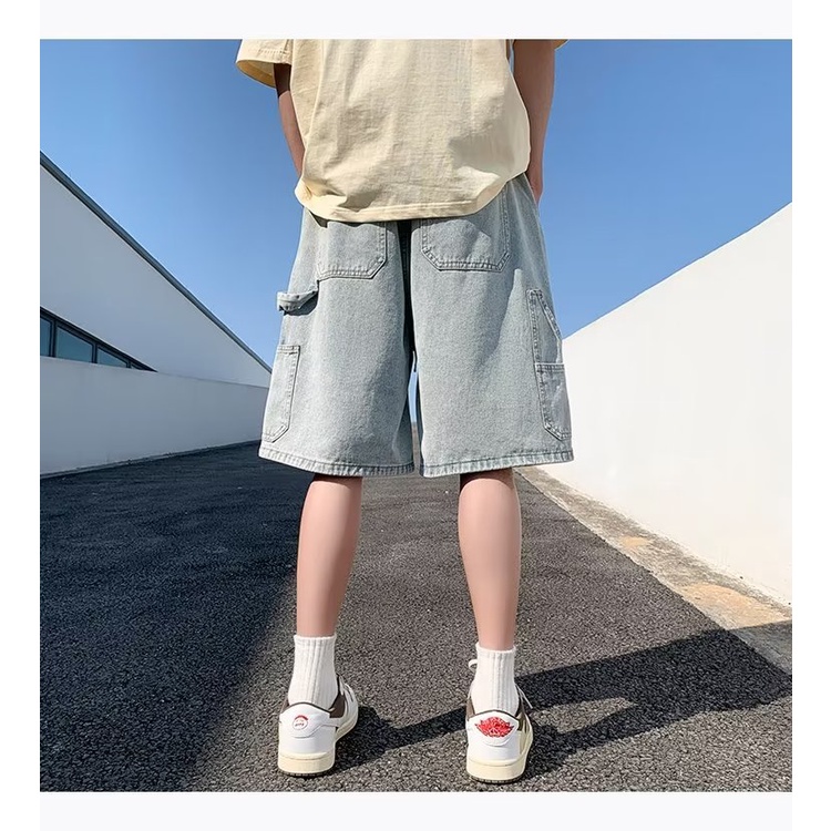 Quần Short Denim Lưng Thun Ống Rộng Phong Cách Đường Phố Mỹ Thời Trang Mùa Hè Cho Nam