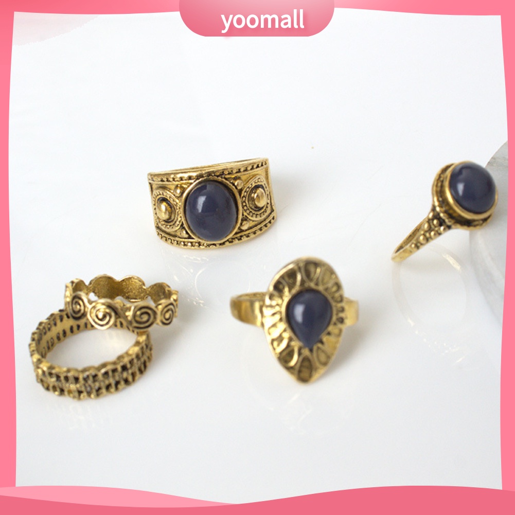 Bộ 5 Nhẫn Hợp Kim Đính Đá Xanh Phong Cách Bohemian Cổ Điển