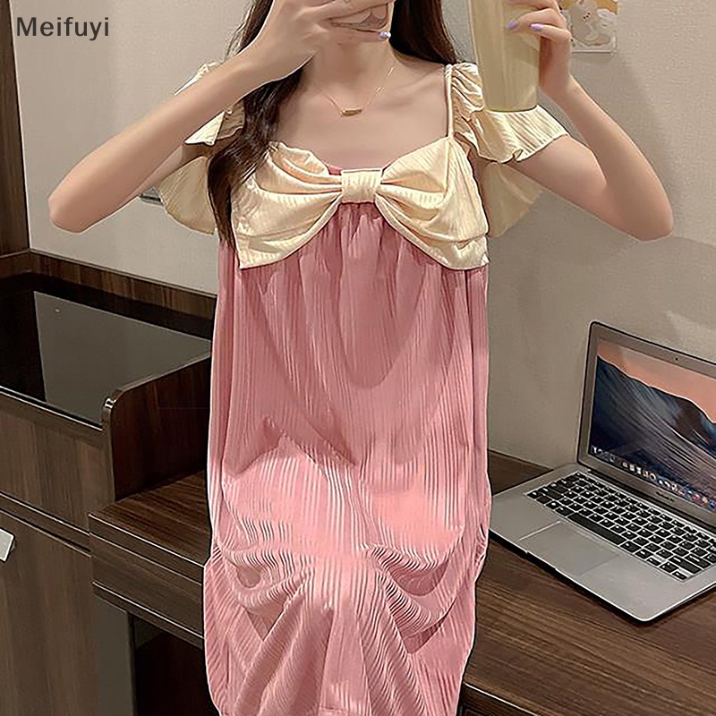 [Meifuyi] Sweet Big Bow Spliced Flying Sleeve Slip Dress Summer Casual Home Loose Solid Color Korean Women's Elegant Square Collar Dresses COD