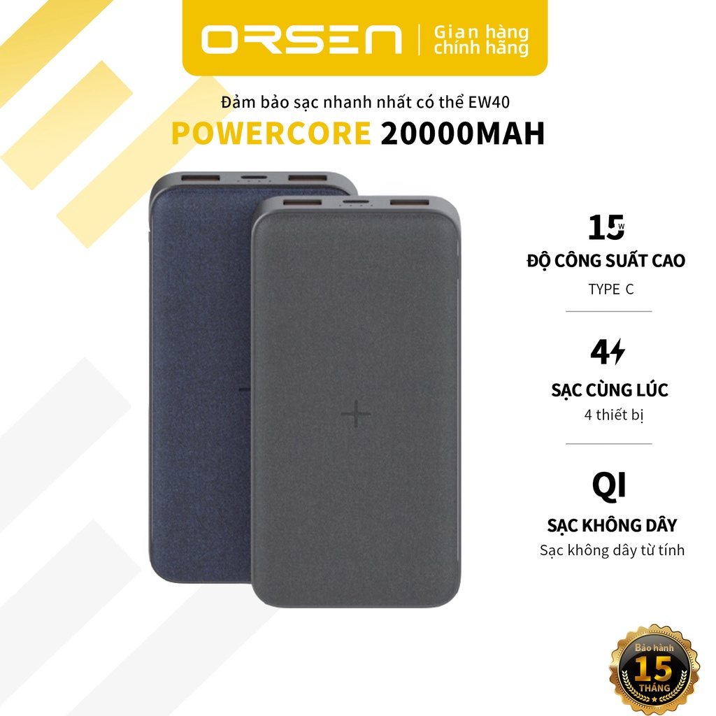 Sạc Dự Phòng Không Dây Orsen EW40 20000mAh 15W | Túi Sạc USB Đầu Ra Chữ C Chính Hãng 100% Chất Lượng