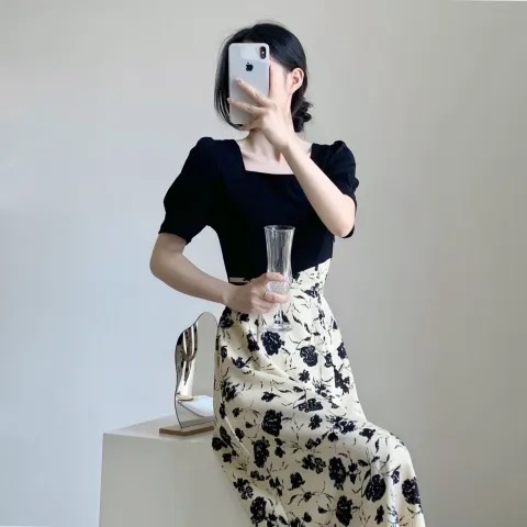 Đầm Midi Cổ Vuông Tay Ngắn In Họa Tiết Hoa Thời Trang Mùa Hè Kiểu Pháp Xinh Xắn Cho Nữ