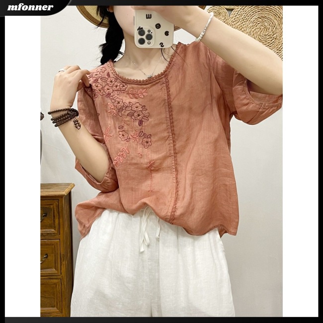 Áo Sơ Mi Cotton Lanh Mỏng Dáng Rộng Tay Ngắn Cổ Tròn Thêu Họa Tiết Kiểu Retro Thời Trang Mùa Hè Cho Nữ