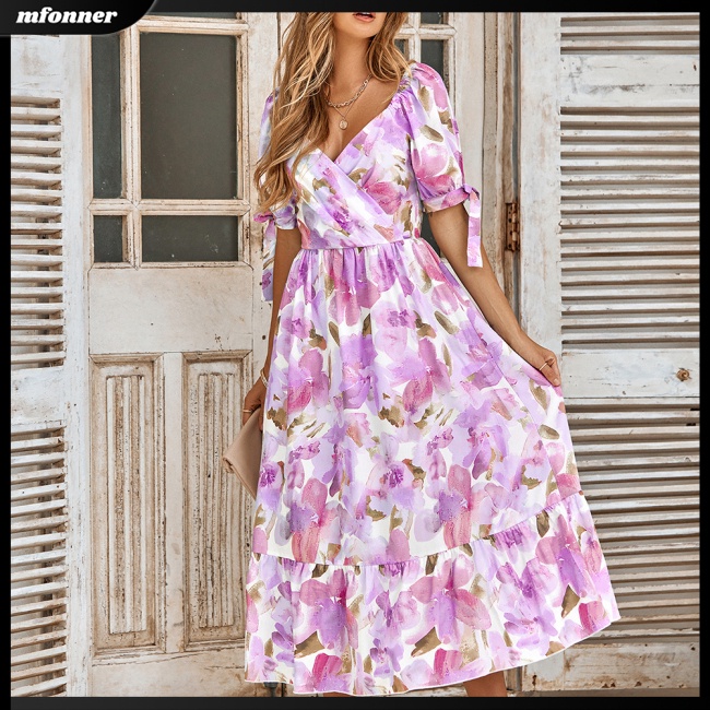 Đầm Midi Chữ A Tay Phồng Cổ Chữ V In Họa Tiết Ngọt Ngào Thanh Lịch Cho Nữ