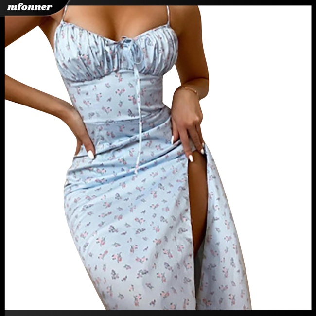 Đầm Midi Hai Dây Cổ Chữ V Xẻ Tà In Họa Tiết Hoa Dáng Ôm Thời Trang Mùa Hè Quyến Rũ Cho Nữ