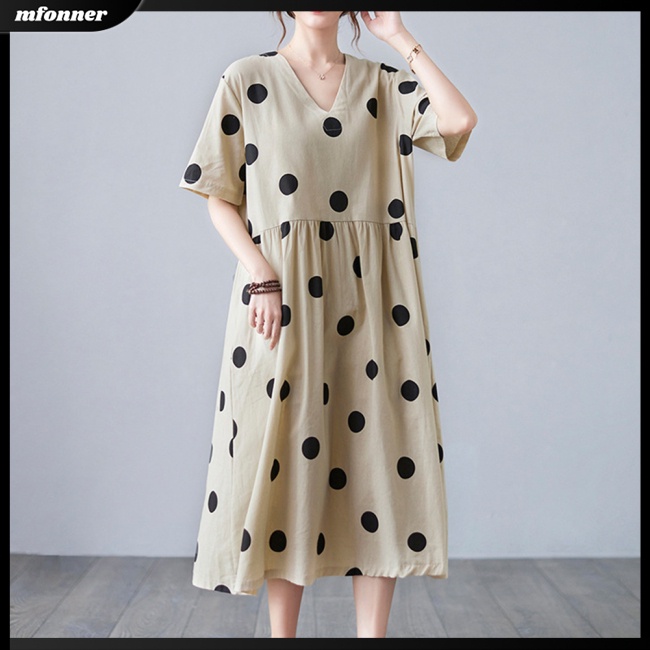 Đầm Cotton Lanh Cổ Chữ V Dáng Rộng Họa Tiết Chấm Bi Thời Trang Mùa Hè Cho Nữ