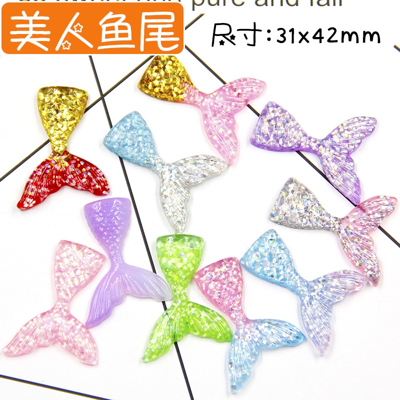 (1 cái)Charm nhựa đuôi nàng tiên cá cầu vồng đại dương 31*42mm, Nguyên liệu trang trí diy