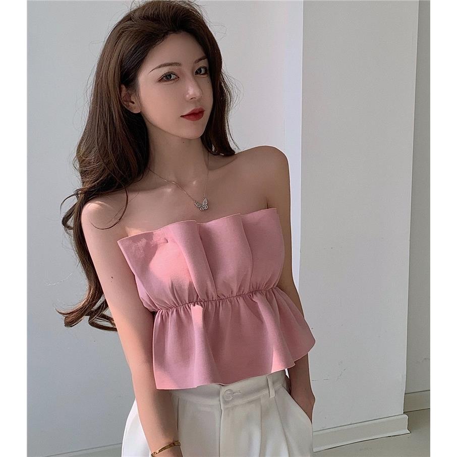 Áo Ống Dáng Ngắn Viền Lá Sen Màu Trơn Thiết Kế Phong Cách Mới Cho Nữ