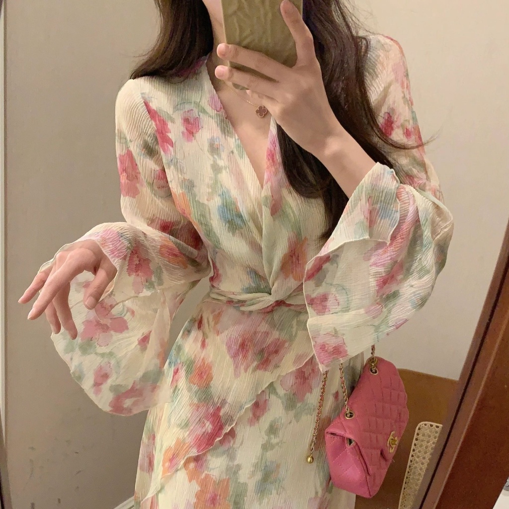 Đầm Hoa Tay Loe Thời Trang Mùa Hè Pháp 2023 Dành Cho Nữ