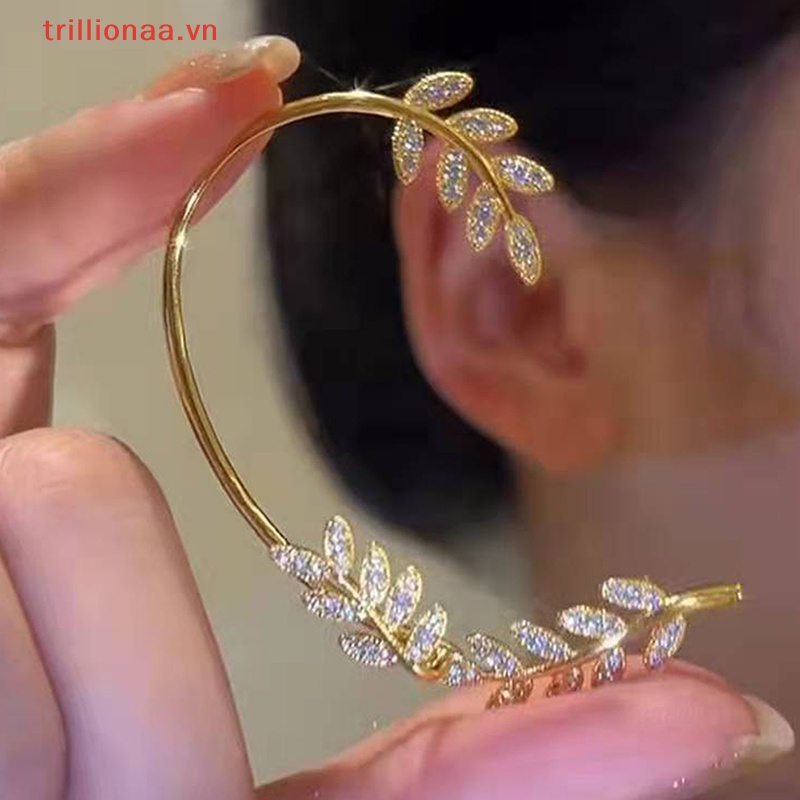 Bông Tai Kẹp Hình Chiếc Lá Đính Pha Lê Lấp Lánh Thời Trang Cho Nữ