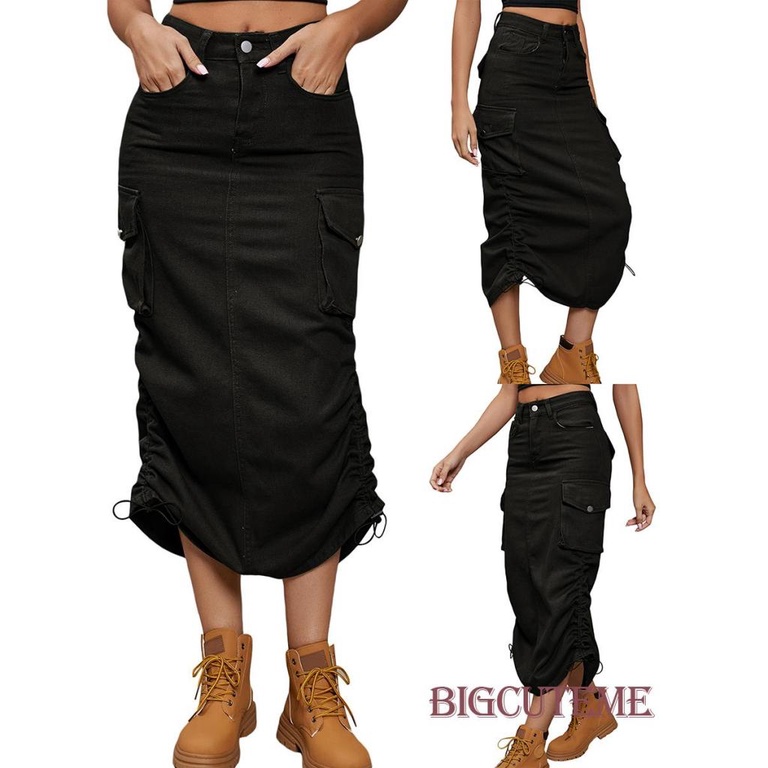 Chân Váy Denim Dài Lưng Cao Có Túi Thời Trang Đường Phố Cho Nữ