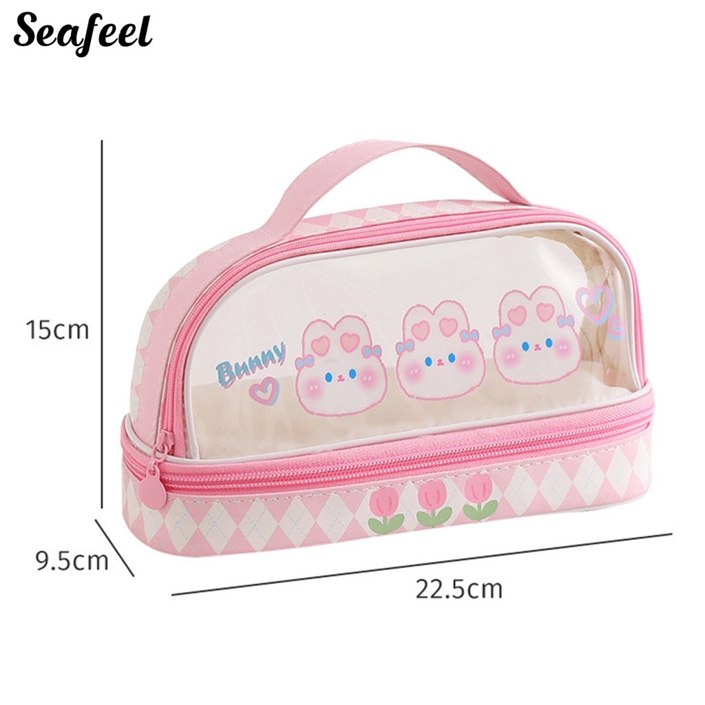 Túi Đựng Bút Chì Hai Lớp Trong Suốt Chống Bụi Sức Chứa Lớn In Họa Tiết Gấu Thỏ Hoạt Hình