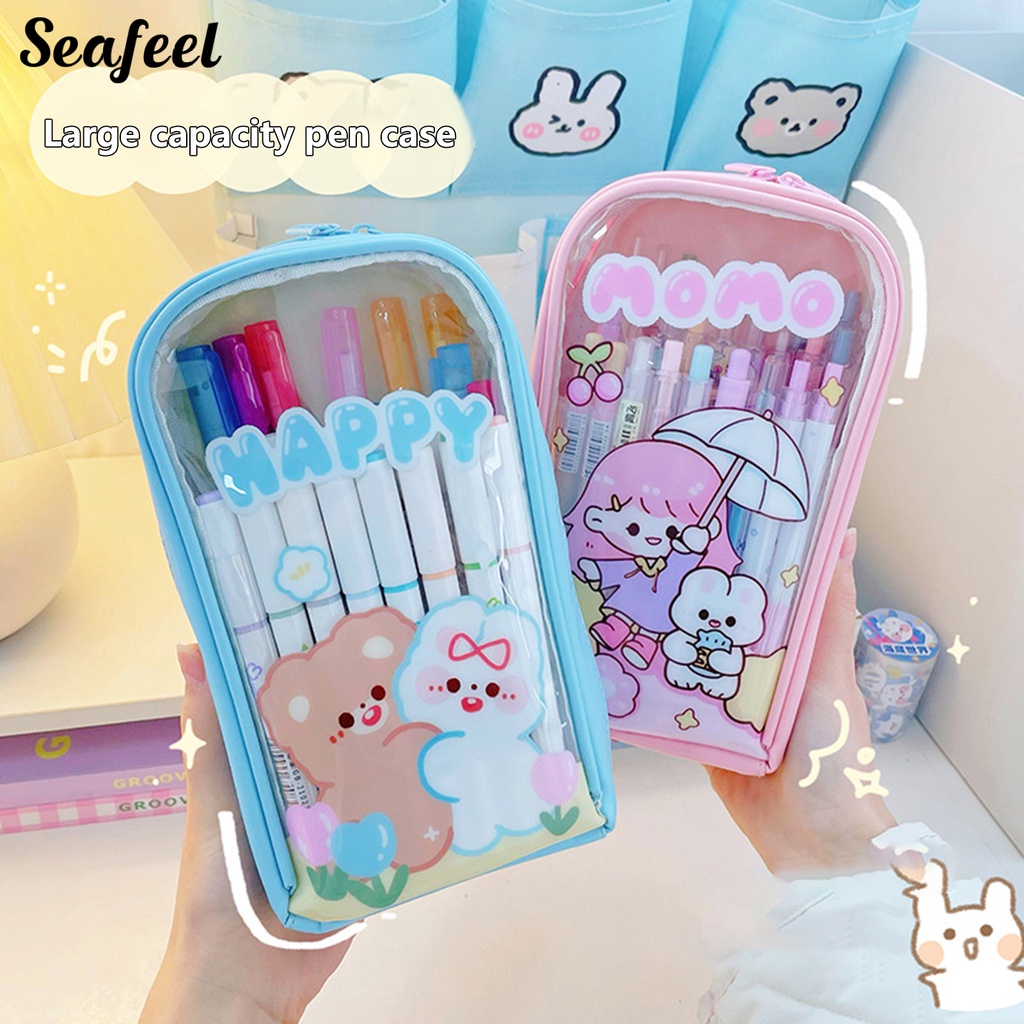 Túi Đựng Thước Kẻ Trong Suốt Chống Nước In Họa Tiết Thỏ / Gấu Có Dây Đeo