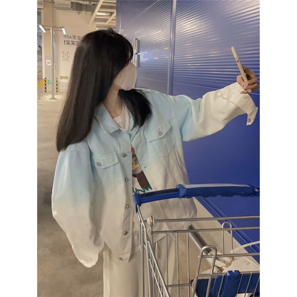 Áo Khoác Denim Dáng Rộng Màu Gradient Phong Cách Preppy Thời Trang Mùa Thu 2023 Mới