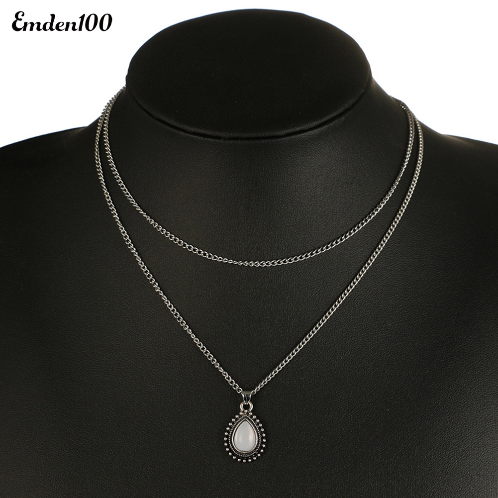 Vòng cổ Hai Lớp Mặt Đá Opal Hình Giọt Nước Thời Trang
