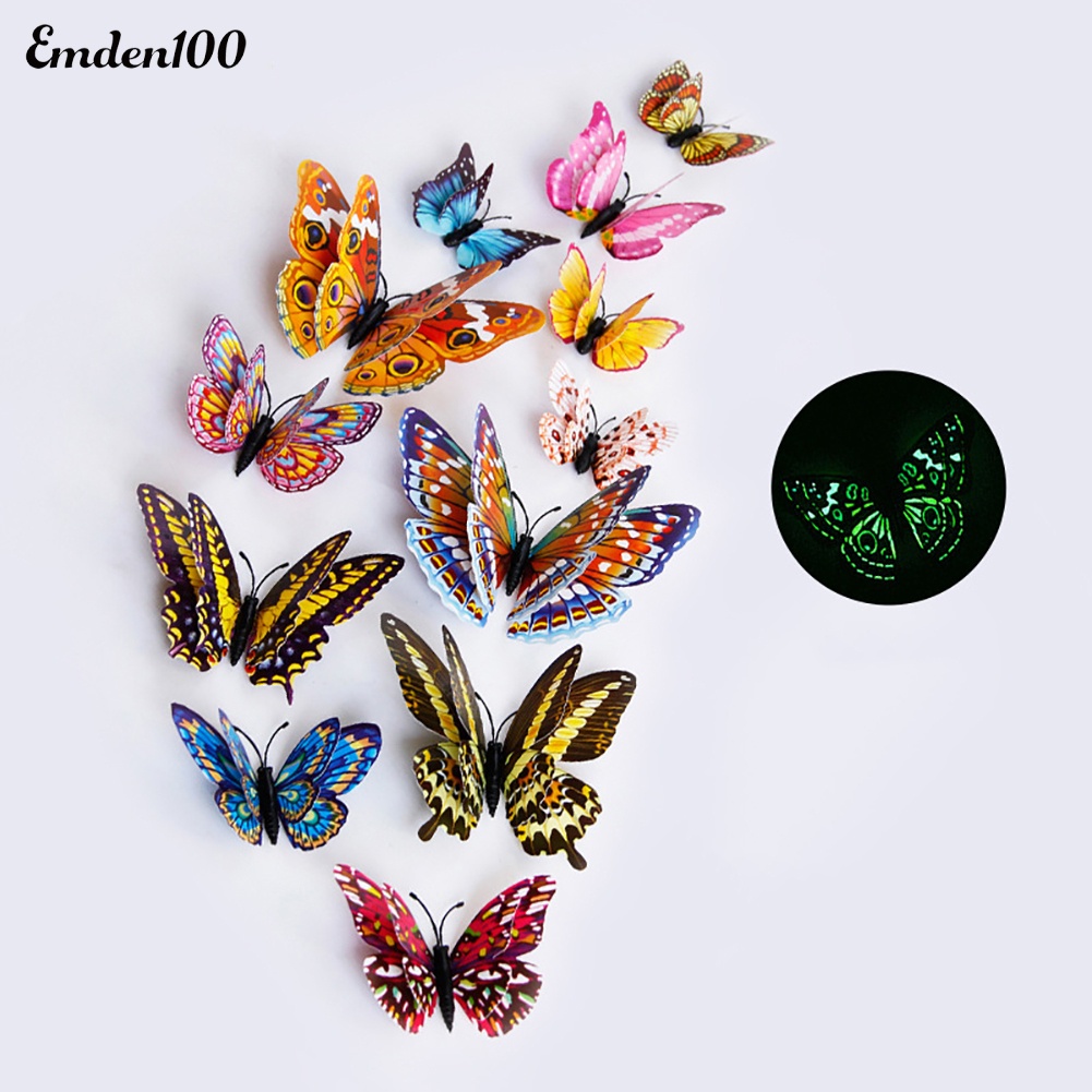Set 12 Miếng Dán Tường Hình Bướm 3D Dạ Quang Dùng Để Trang Trí Nội Thất