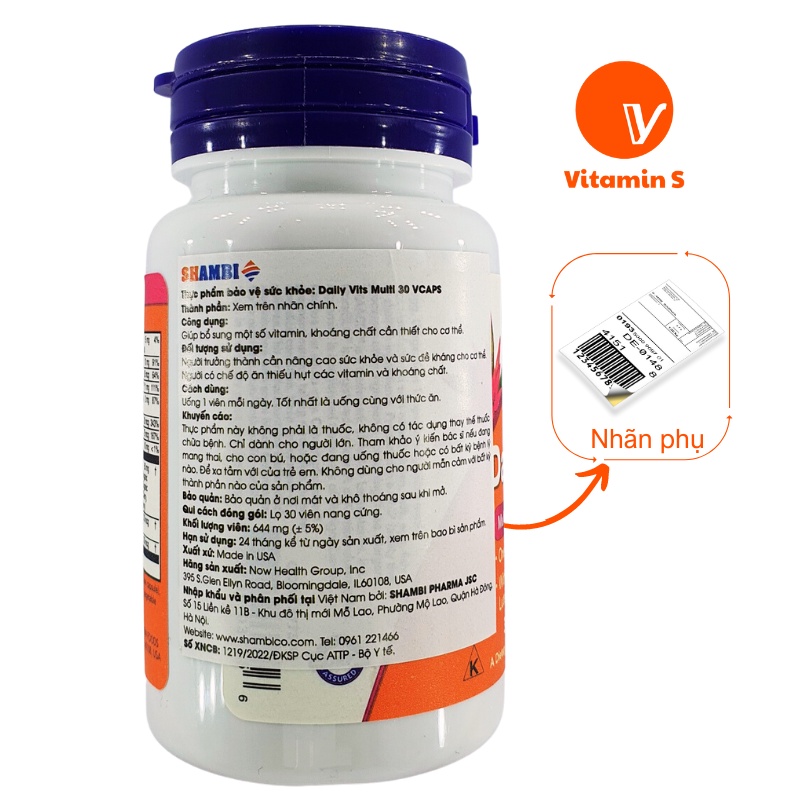 Vitamin tổng hợp Daily Vits NOW Foods bổ sung vitamin, axit amin và khoáng chất cho cơ thể lọ 30 Viên - Vitamin S