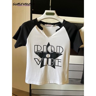 Sugemiusi Áo Croptop Ôm Vừa Vặn Tay Ngắn Raglan Cotton Nguyên Chất Màu Sắc Tương Phản