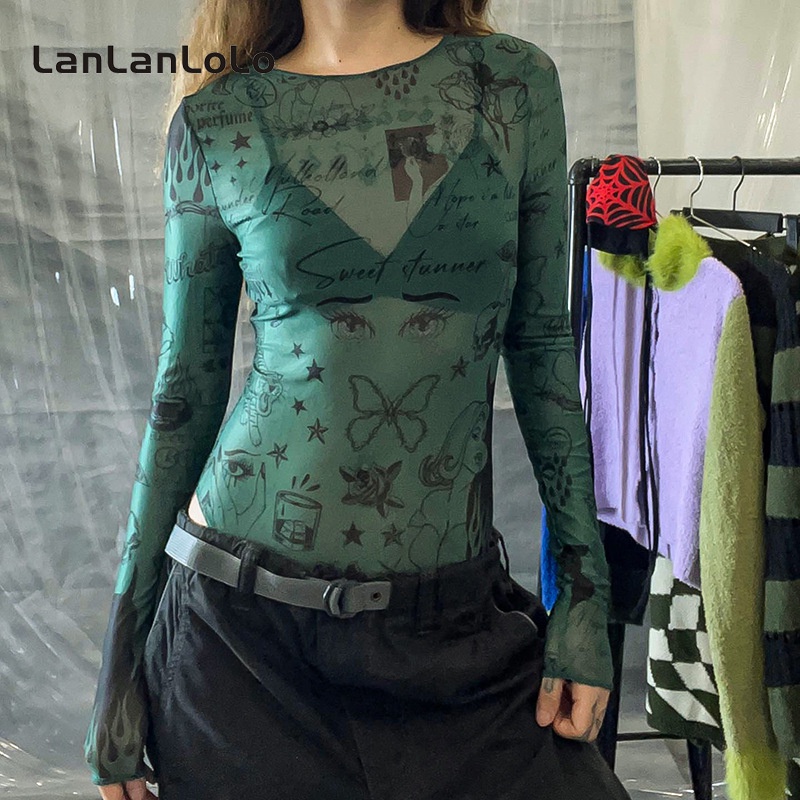 Bodysuit LanLanLoLo tay dài cổ tròn phối lưới xuyên thấu in họa tiết cổ điển quyến rũ cho nữ 2023