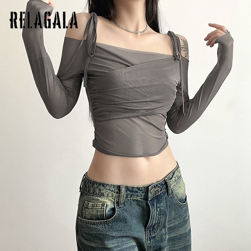 Áo Thun Tay Dài Dáng Ôm Hở Vai Màu Trơn Thời Trang 2023 Dành Cho Bạn Nữ