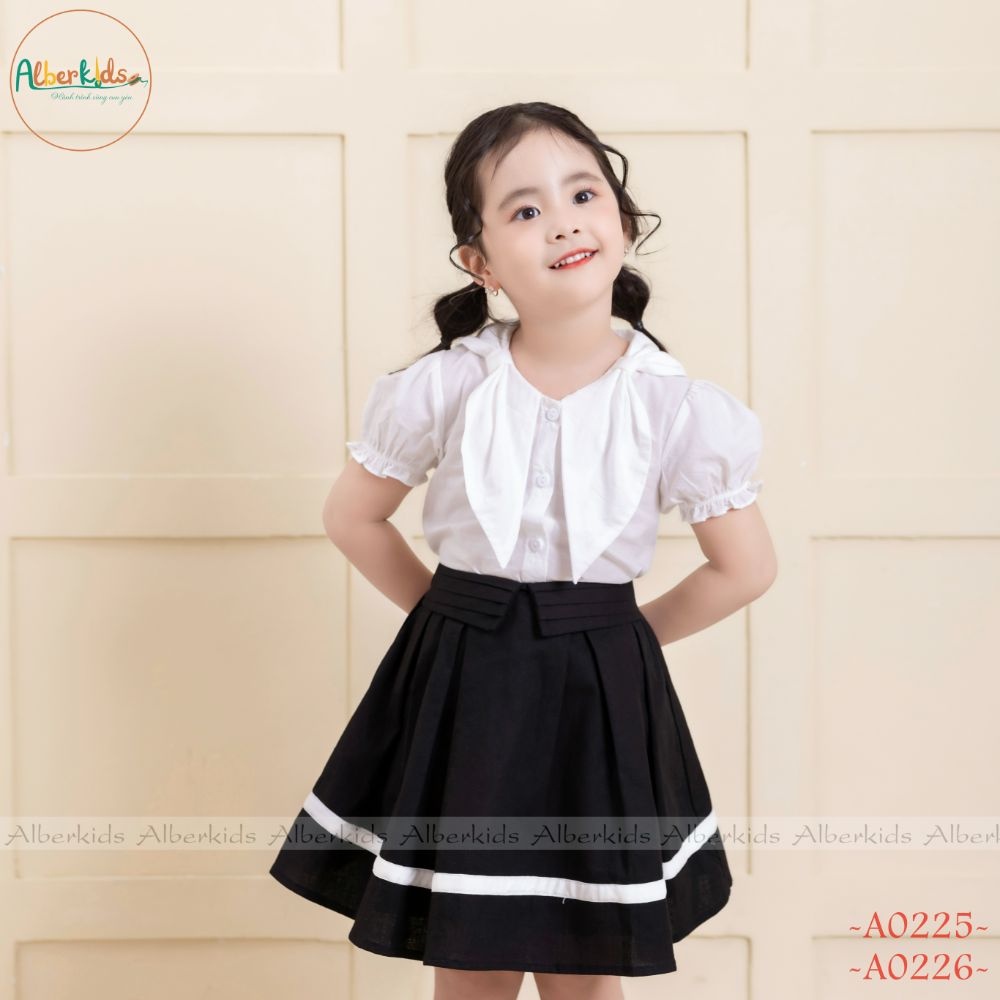 Sét đồ đi học bé gái ALBERKIDS áo phối nơ vai chân váy phối dây trắng cho trẻ em 4,5,6,7,8,9,10,11,12 tuổi [A0226-A0225]