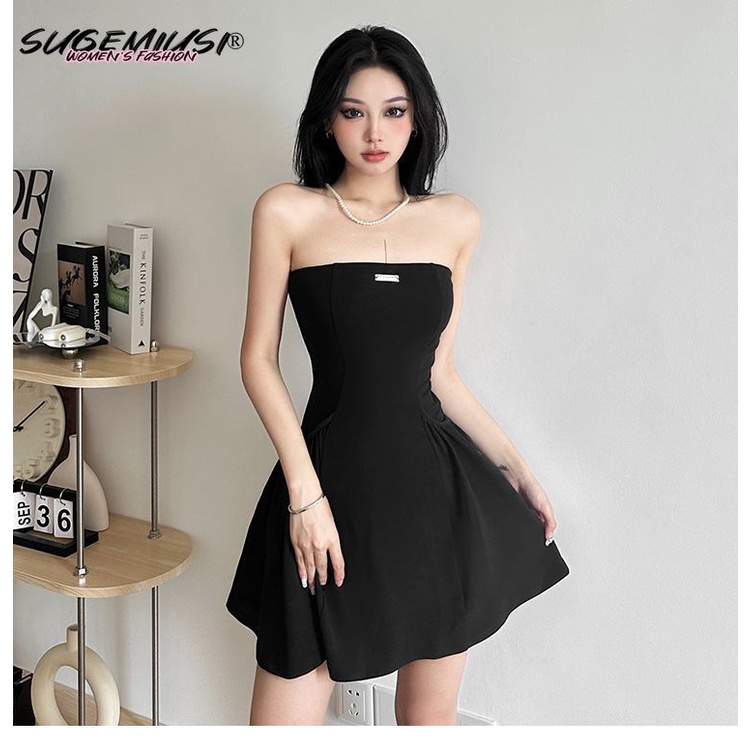 Sugemiusi Pure Set Áo Cardigan Ngắn Tay + Đầm Ôm Eo Màu Đen Phong Cách Hoàng Gia Pháp Cho Nữ