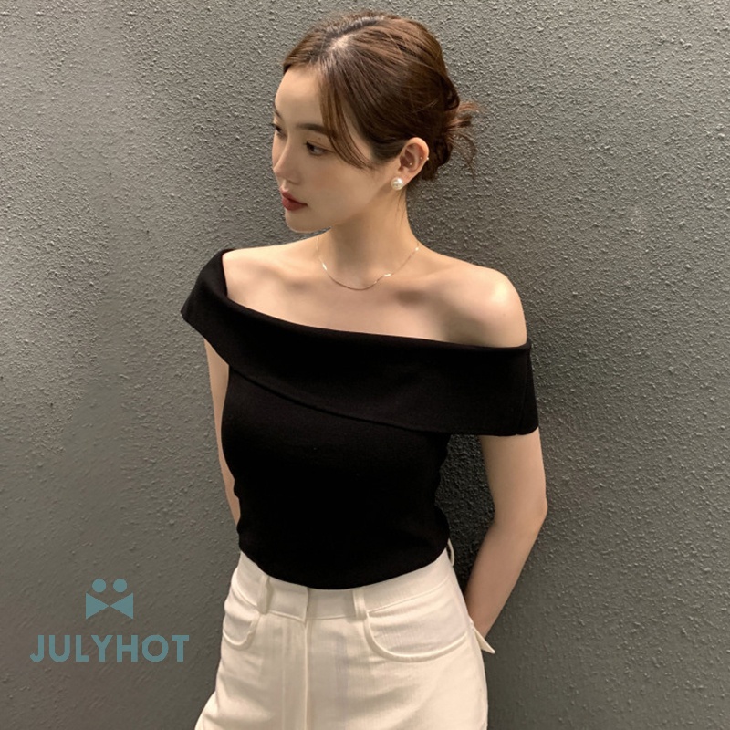 COOL Áo Thun Ngắn Tay Trễ Vai tay bồng Họa Tiết Sọc gợi cảThời Trang Dành Cho Nữ VN
