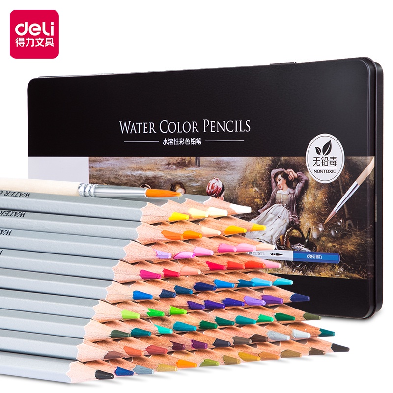 Bút chì màu nước cao cấp Deli - Kèm cọ, hộp thép - 24/36/48 màu