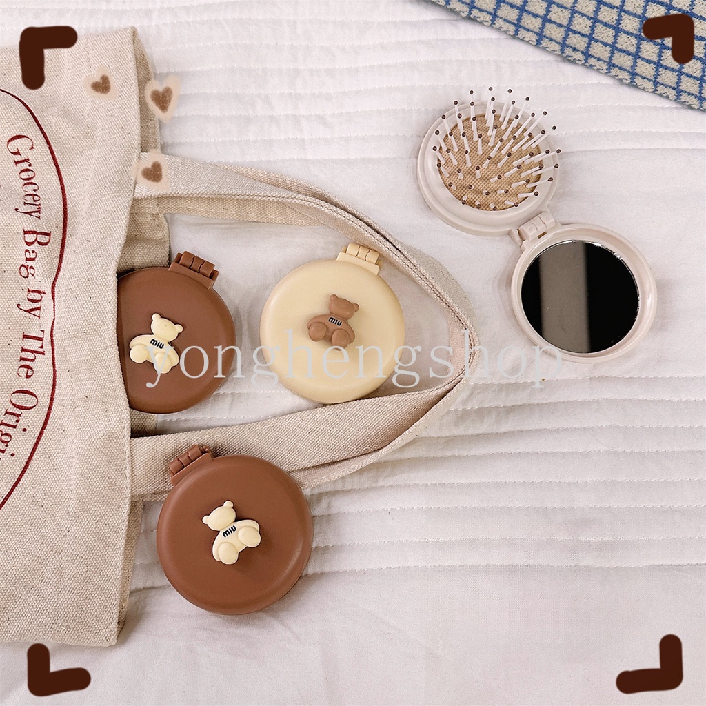 Lược Chải Tóc Mini Chống Tĩnh Điện Có Gương Soi Hình Gấu Hoạt Hình Dễ Thương Có Thể Gập Lại Cho Bé Gái