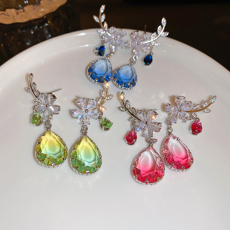 Bông Tai Tua Rua Hình Hoa Lá Đính Đá zircon Màu gradient Thời Trang Cho Nữ