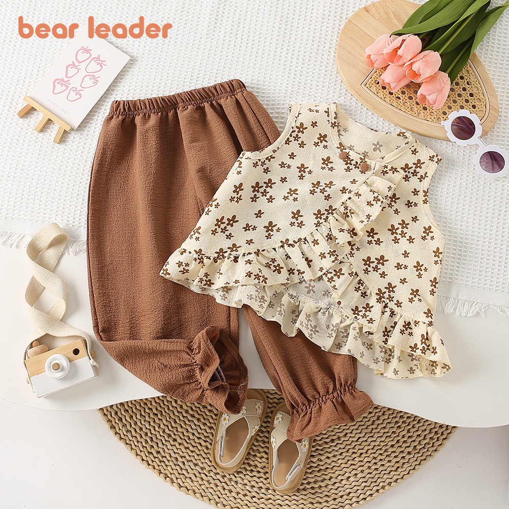 BEAR LEADER Set Áo Sát Nách Cổ Tròn Phối Ren Hoa + Quần Short Thời Trang Mùa Hè Mới 2023 Cho Bé Gái