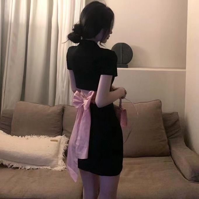 Váy Nữ Đen Dáng Chữ a Cổ polo Phối Nơ Thời Trang Mùa Hè