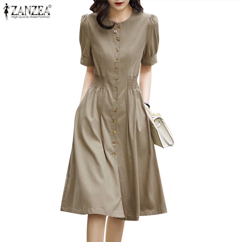 ZANZEA Đầm Chữ A Ngắn Tay Cổ Tròn Thắt Eo Thời Trang Nữ Hàn Quốc
