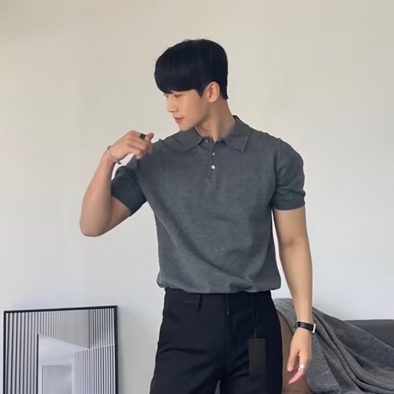 Áo POLO Dệt Kim Tay Lửng Dáng Rộng Màu Trơn Thời Trang Vintage Hàn Quốc Cho Nam