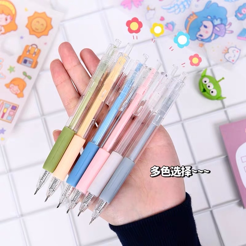 Bút Bi Bút Gel Màu Macaron Dạng Bấm Ngòi 0.5mm Mực Đen Gấu Mon