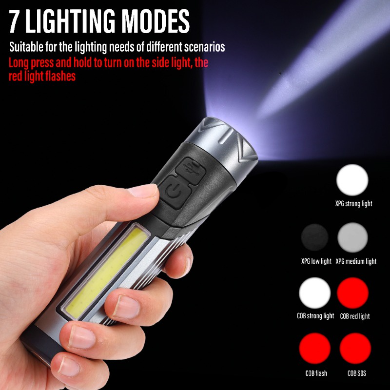Đèn pin góc xpg + cob siêu sáng đèn pin sạc usb với nam châm đèn có thể điều chỉnh chống thấm nước đầu cắm trại