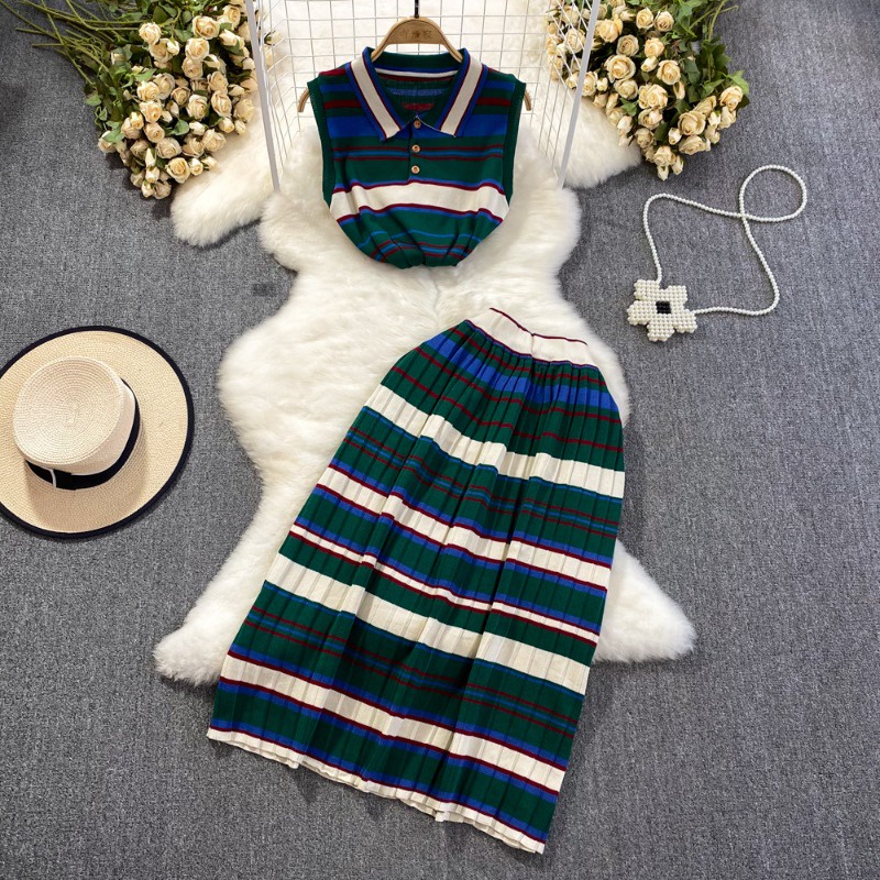 Bộ Áo Dệt Kim Lụa Lạnh Cổ Bẻ Kẻ Sọc + Chân Váy Midi Lưng Cao Thời Trang Mùa Hè Cho Nữ