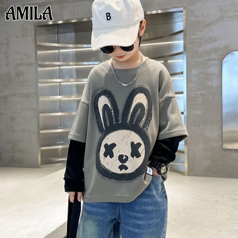 Áo thun AMILA cotton 100% giả hai mảnh tay dài thời trang xuân thu cho bé trai