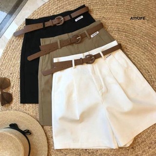 Quần short AYYUFE kiểu chữ A dáng rộng màu trơn cạp cao phối túi có thắt lưng và khóa kéo cho nữ hẹn hò/ đi làm