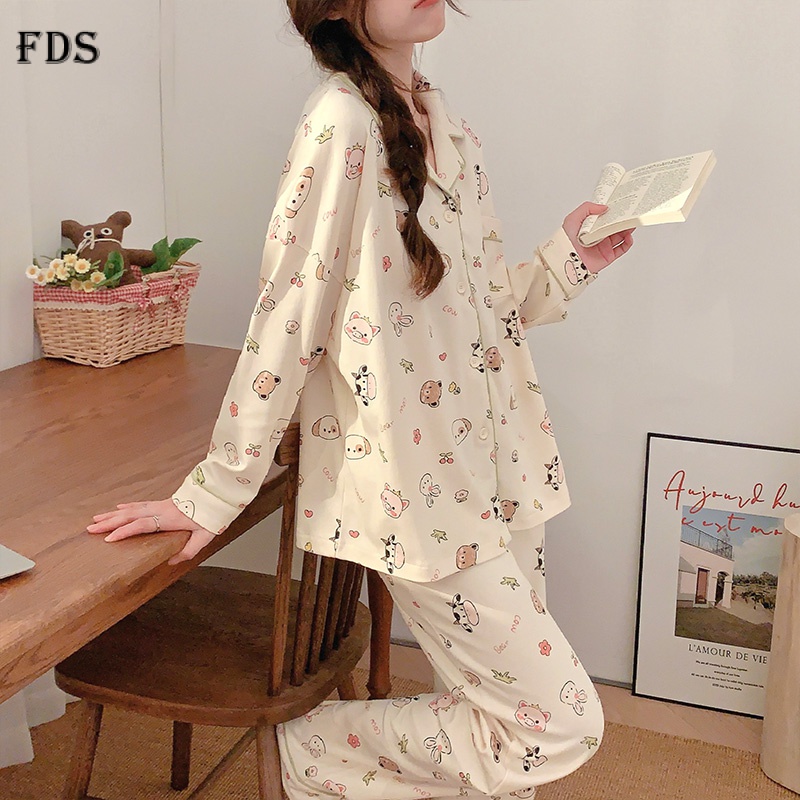 Bộ đồ ngủ FDS gồm áo tay dài và quần dài họa tiết cún dễ thương thời trang thu đông thoải mái dành cho nữ