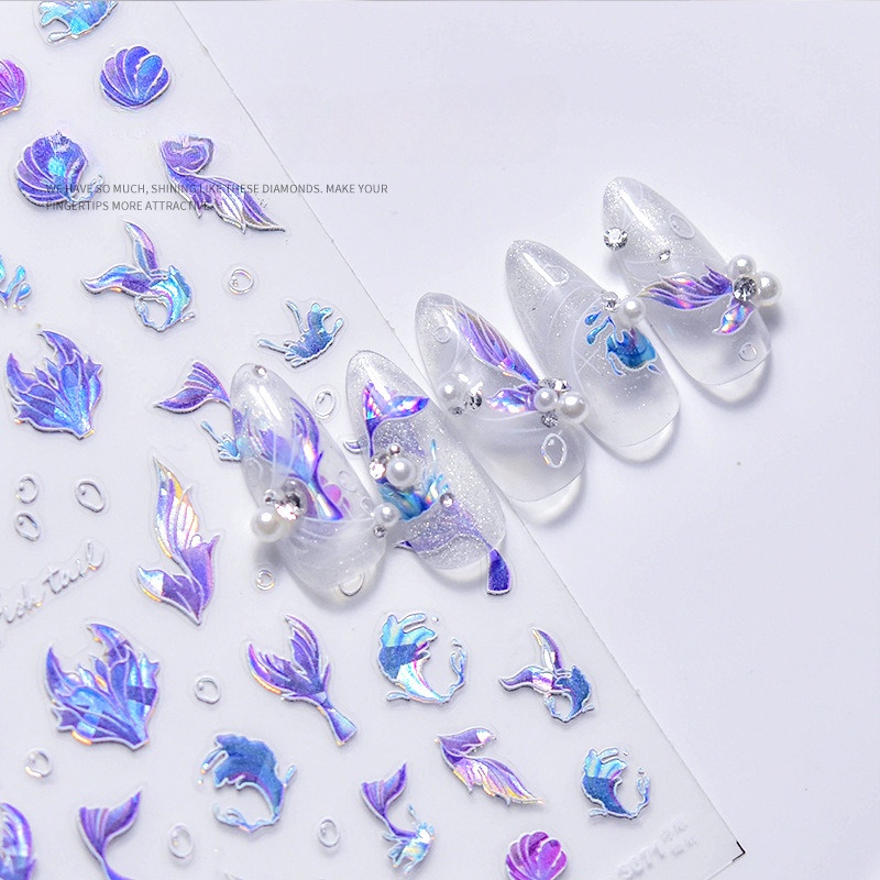 1 tờ giấy dán móng tay nổi / giấy dán móng tay đuôi cá-con người 5d / keo dán móng tay holographic flourrescent băng dính / decal móng tay chuyển nước / dụng cụ trang điểm móng tay