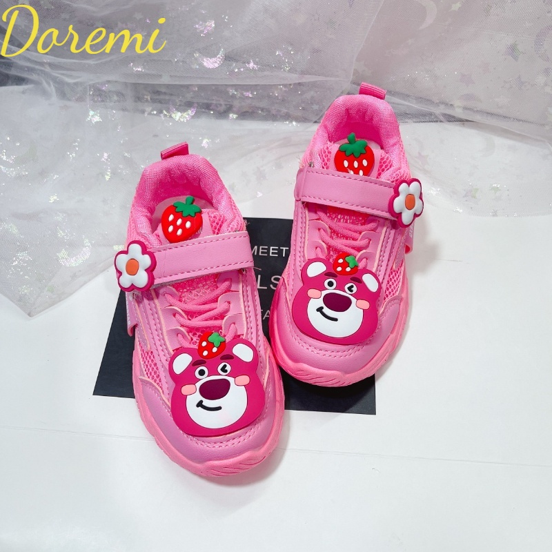 Doremi Giày thể thao trẻ em cô gái gấu dâu phim hoạt hình dễ thương giày chạy bộ thoáng khí cho bé gái giày thường velcro